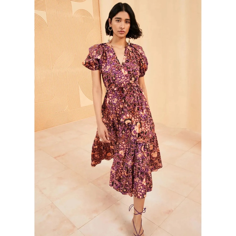 Ulla Johnson Olina Floral Cotton Poplin Tiered Midi Dress Black Currant 2 4 $470
